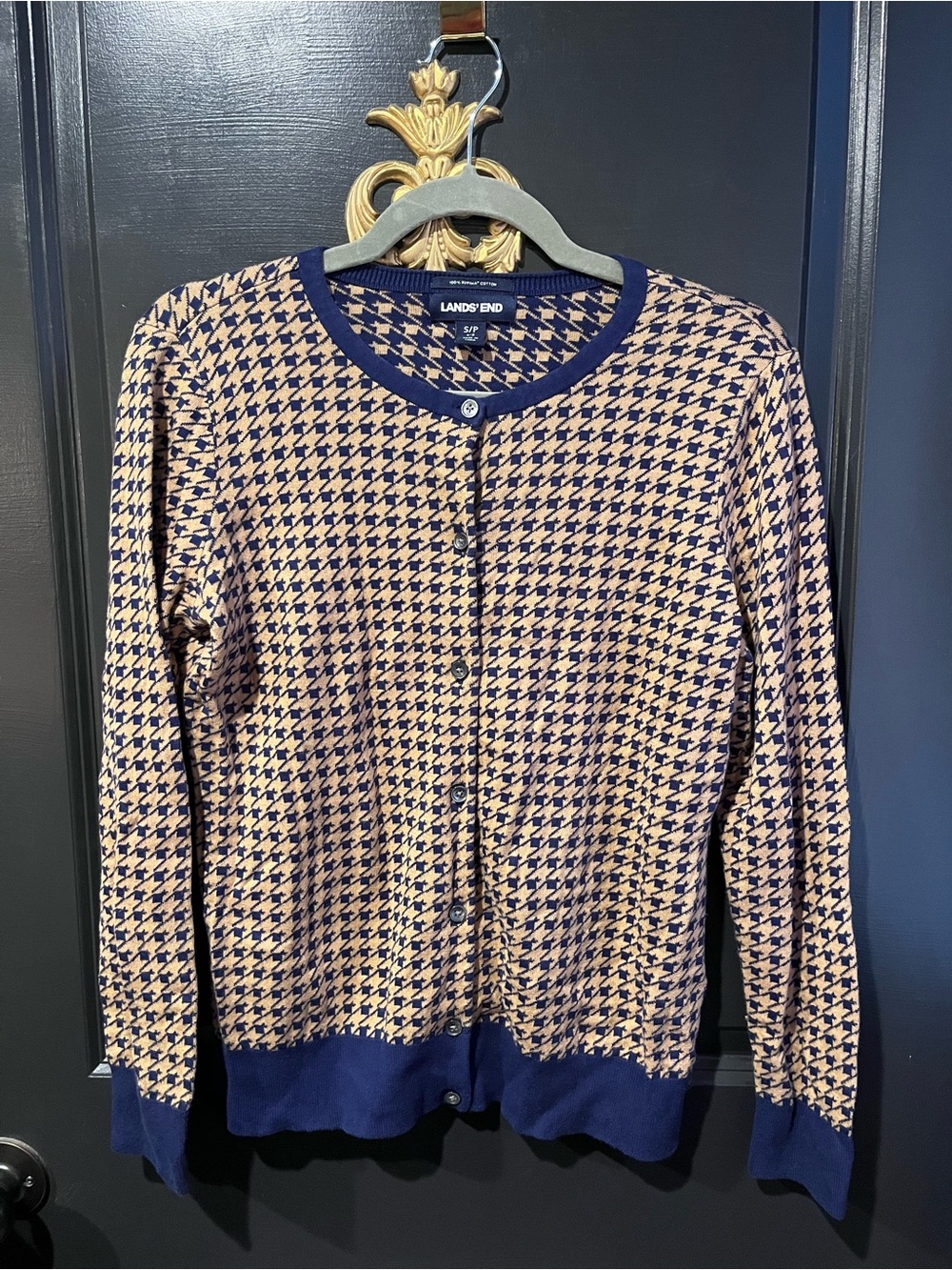 Lands' End Navy and Tan Houndstooth Cardigan